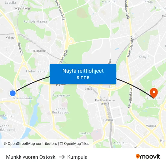Munkkivuoren Ostosk. to Kumpula map