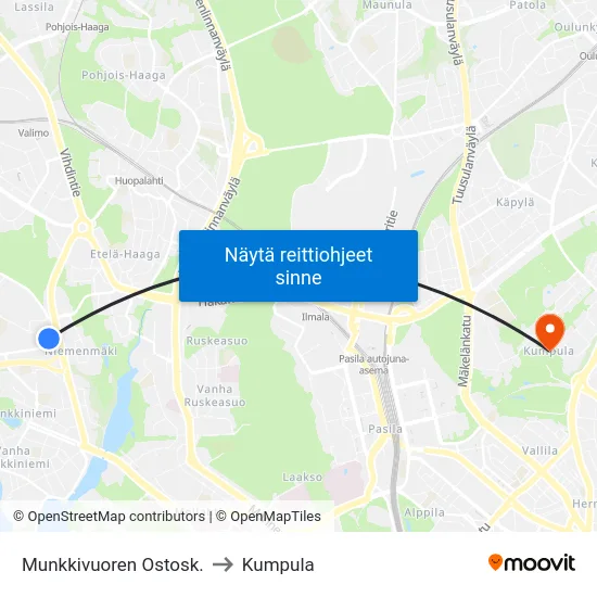Munkkivuoren Ostosk. to Kumpula map