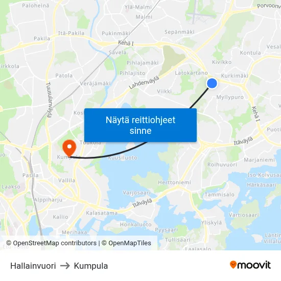 Hallainvuori to Kumpula map