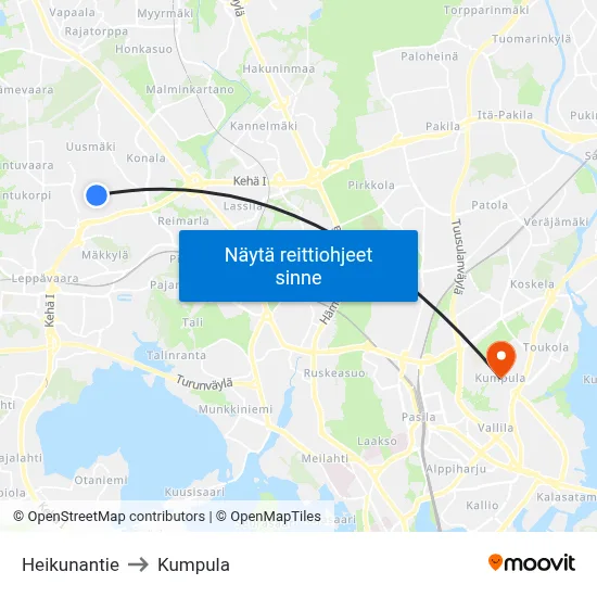 Heikunantie to Kumpula map