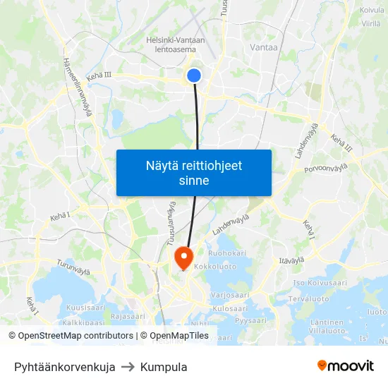 Pyhtäänkorvenkuja to Kumpula map