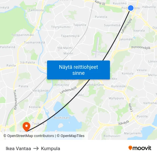 Ikea Vantaa to Kumpula map