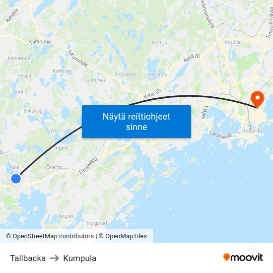 Tallbacka to Kumpula map