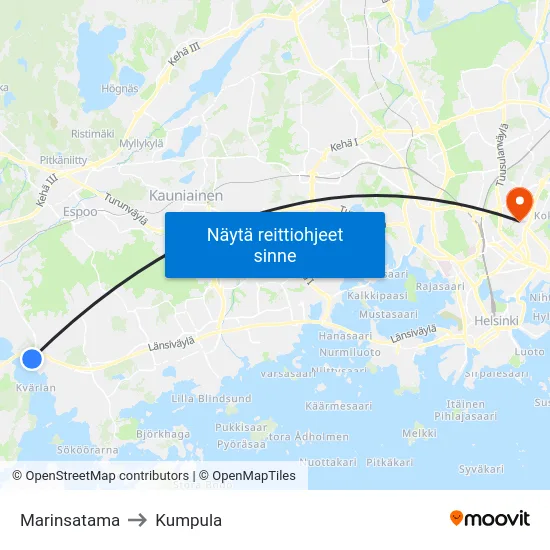 Marinsatama to Kumpula map