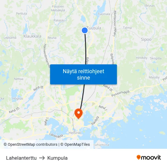 Lahelanterttu to Kumpula map