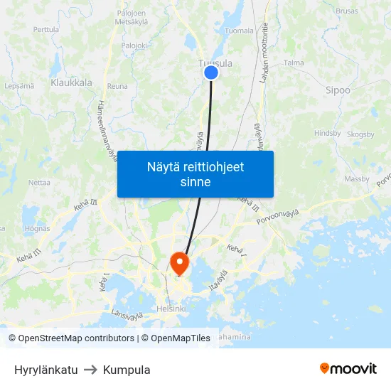 Hyrylänkatu to Kumpula map