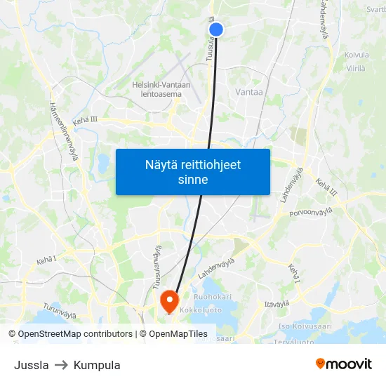 Jussla to Kumpula map