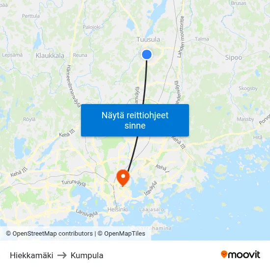 Hiekkamäki to Kumpula map