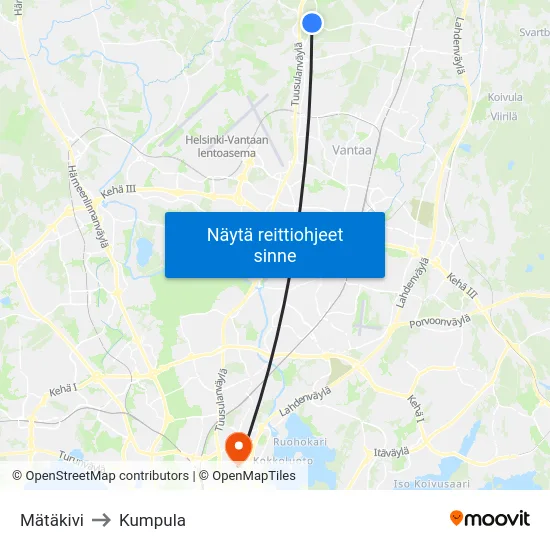 Mätäkivi to Kumpula map