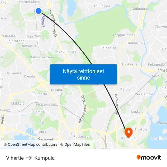 Vihertie to Kumpula map