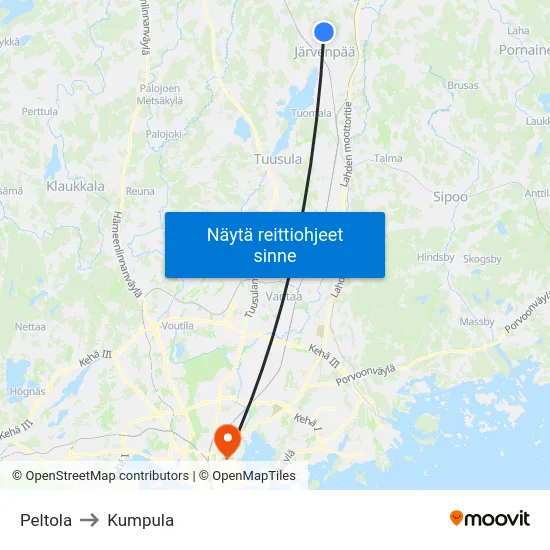 Peltola to Kumpula map