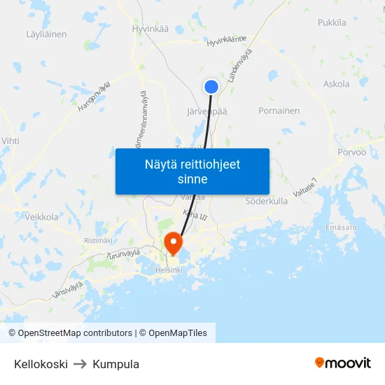 Kellokoski to Kumpula map