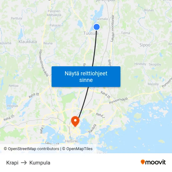 Krapi to Kumpula map