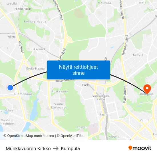Munkkivuoren Kirkko to Kumpula map