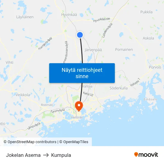 Jokelan Asema to Kumpula map