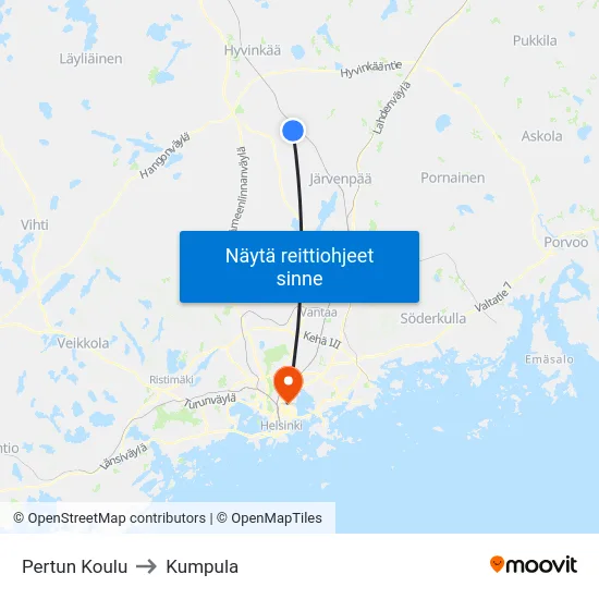 Pertun Koulu to Kumpula map