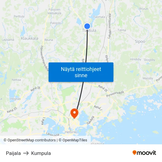 Paijala to Kumpula map