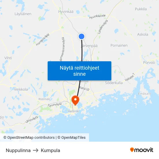 Nuppulinna to Kumpula map