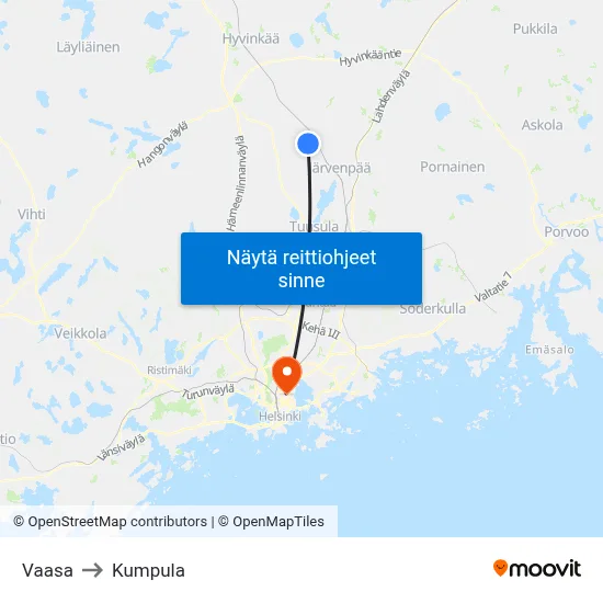 Vaasa to Kumpula map