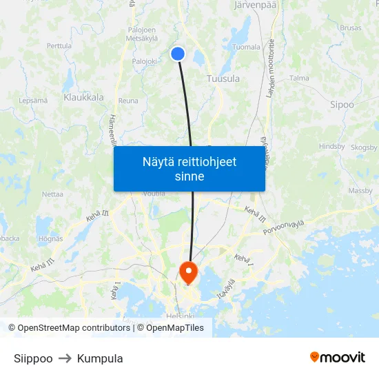 Siippoo to Kumpula map