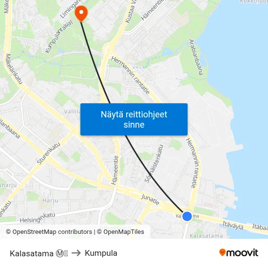 Kalasatama Ⓜ️🛍️ to Kumpula map