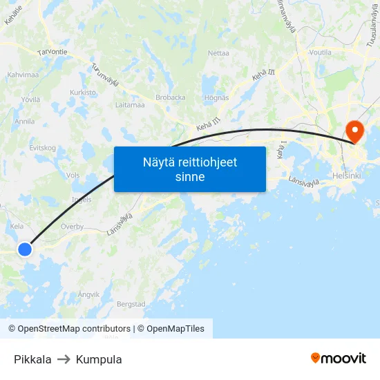 Pikkala to Kumpula map