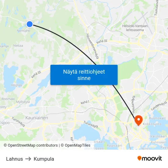 Lahnus to Kumpula map