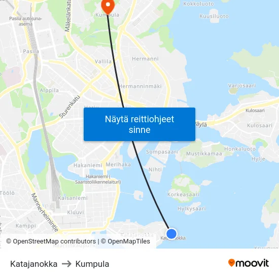 Katajanokka to Kumpula map