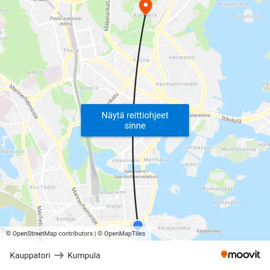 Kauppatori to Kumpula map