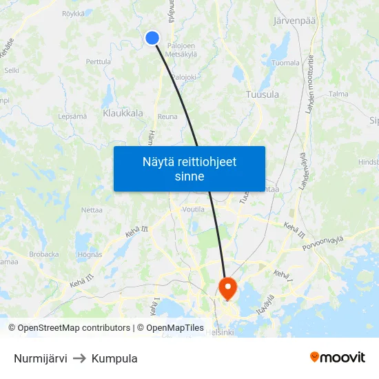 Nurmijärvi to Kumpula map