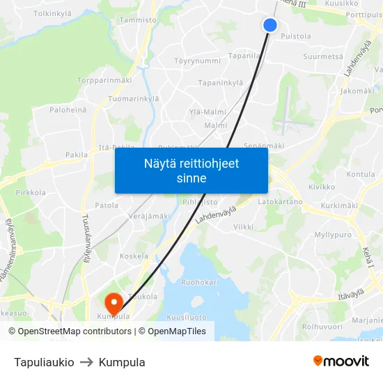 Tapuliaukio to Kumpula map