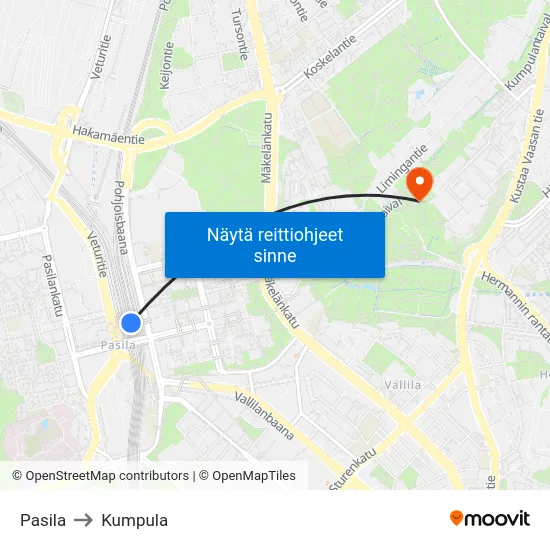 Pasila to Kumpula map