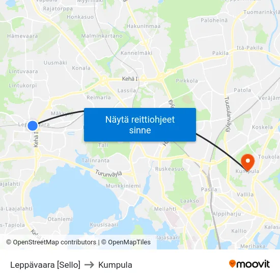 Leppävaara [Sello] to Kumpula map