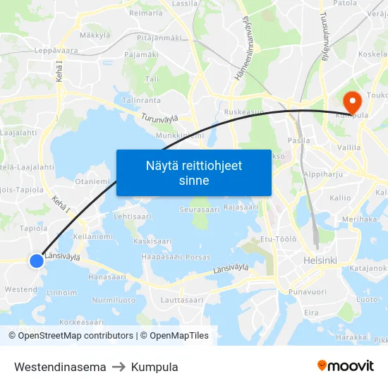 Westendinasema to Kumpula map