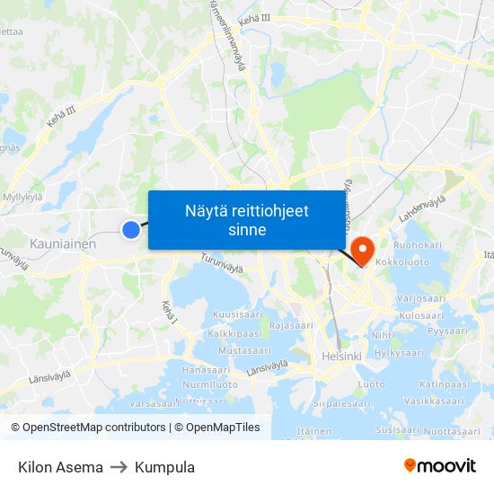 Kilon Asema to Kumpula map