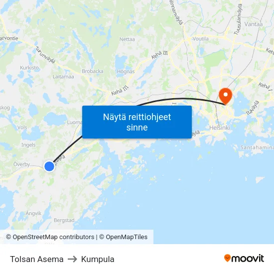 Tolsan Asema to Kumpula map