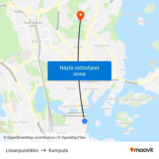 Liisanpuistikko to Kumpula map