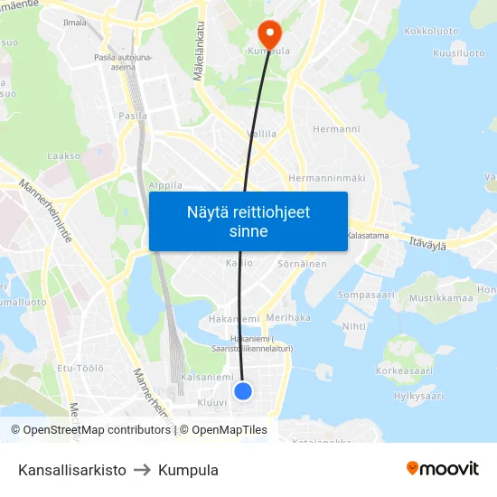 Kansallisarkisto to Kumpula map