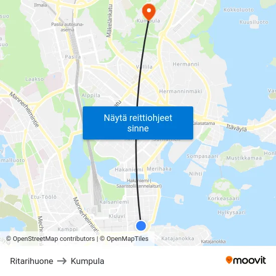Ritarihuone to Kumpula map