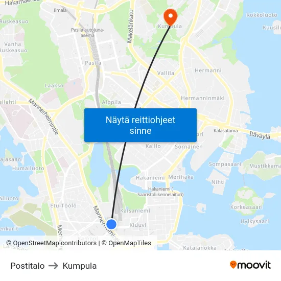 Postitalo to Kumpula map