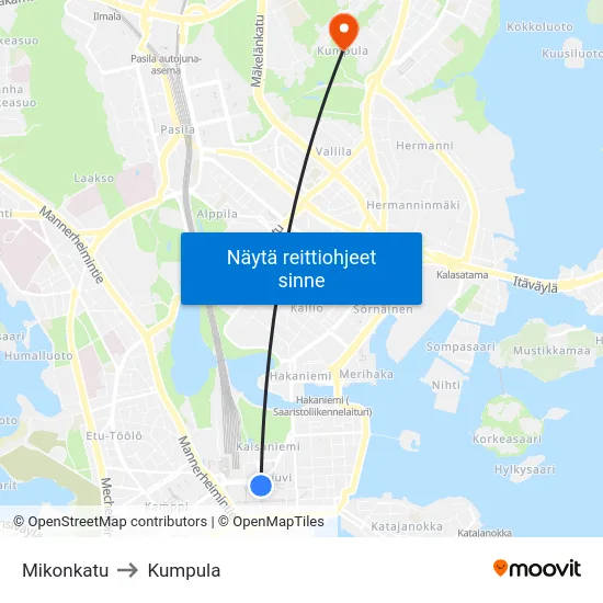 Mikonkatu to Kumpula map
