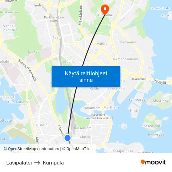Lasipalatsi to Kumpula map