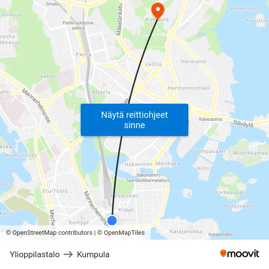 Ylioppilastalo to Kumpula map