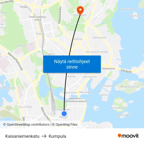 Kaisaniemenkatu to Kumpula map