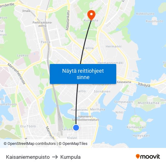 Kaisaniemenpuisto to Kumpula map