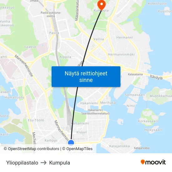 Ylioppilastalo to Kumpula map