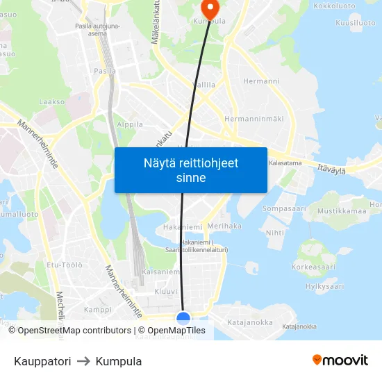 Kauppatori to Kumpula map