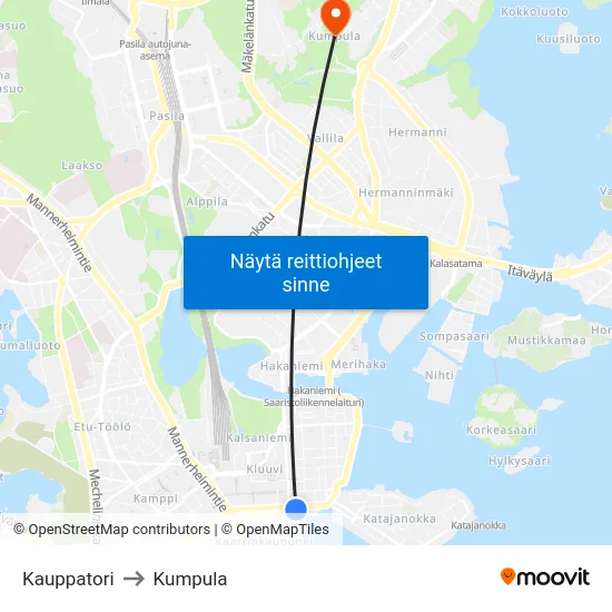 Kauppatori to Kumpula map