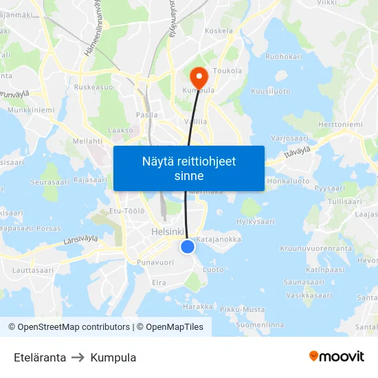 Eteläranta to Kumpula map