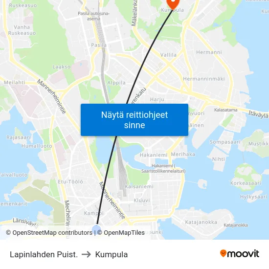 Lapinlahden Puist. to Kumpula map